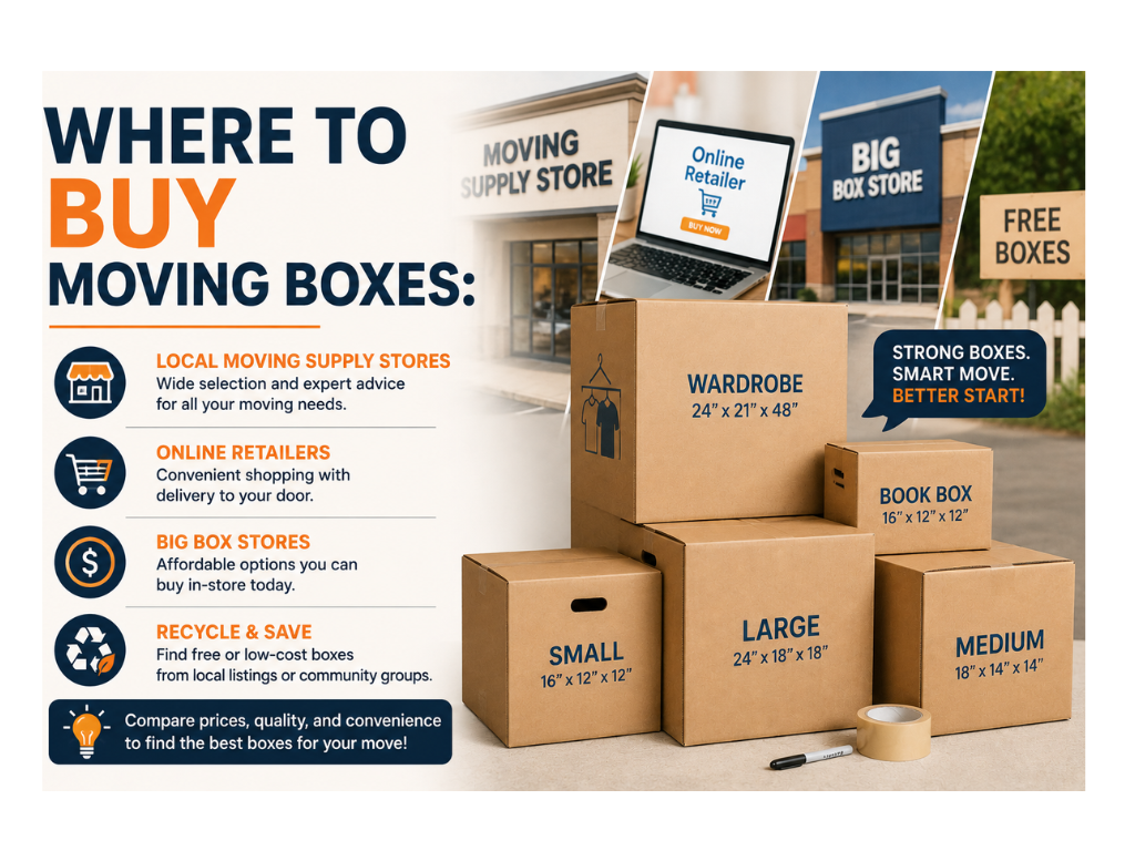 Stack of various sized moving boxes ready for packing.