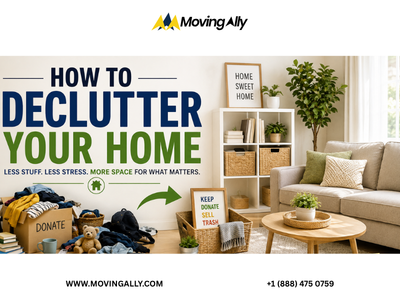 Woman smiling while decluttering a messy living room
