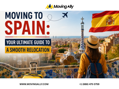 Couple happily unpacking boxes after moving to Spain